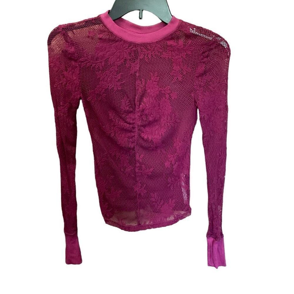 Free People Intimately Top Sheer Lace Crew Neck Ruched Maroon Long Sleeve XS